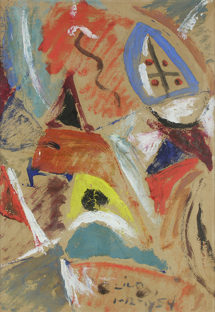 Juego con Líneas y Colores. Óleo sobre papel, 34,5×24,5cm, 1-12-1954