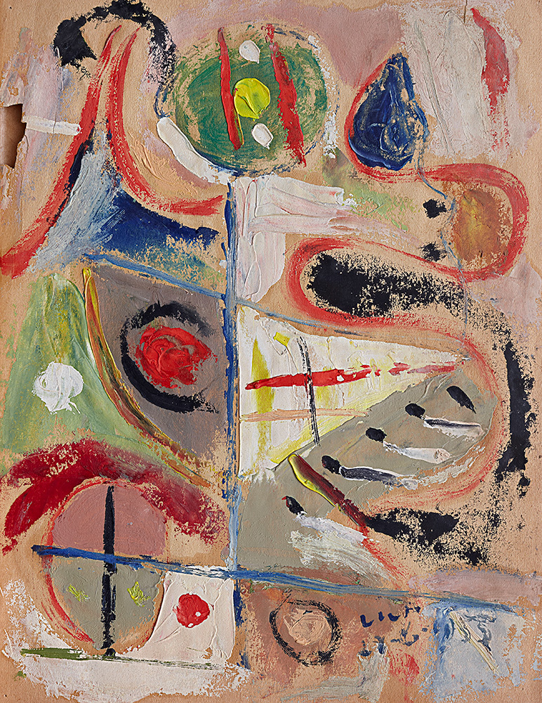 Juego con Líneas y Colores. Óleo sobre papel, 23×29,5cm, 27-6-1955